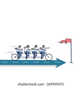 simple vector illustration concept of businessman teamwork riding on bike to the goal marked with flag on arrow | modern flat design linear colorful cartoon icon isolated on white background