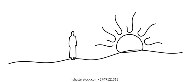 Simple vector illustration concept of person standing in desert, looking at sunrise over hills, minimal abstract artwork