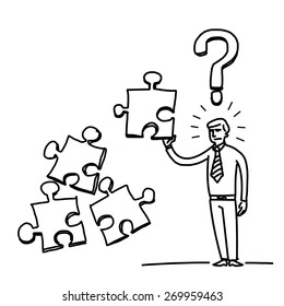 simple vector illustration of confused businessman with puzzle in his hand and question mark above | modern flat design black cartoon icon isolated on white background