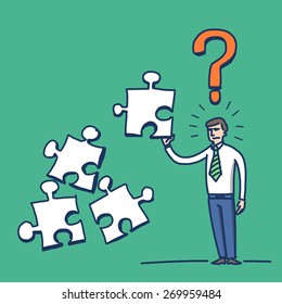 simple vector illustration of confused businessman with puzzle in his hand and question mark above | modern flat design colorful cartoon icon isolated on green background