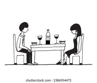 Simple vector illustration of a couple having a date in a cafe, isolated on a white background, in a doodle style