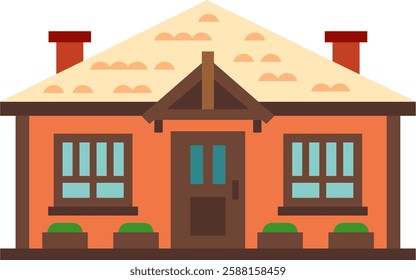 Simple vector illustration of a cozy orange house with a thatched roof, two chimneys, a wooden door and windows, and potted plants, representing concepts of home, family, and real estate