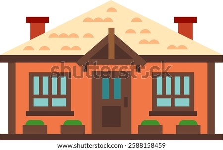 Simple vector illustration of a cozy orange house with a thatched roof, two chimneys, a wooden door and windows, and potted plants, representing concepts of home, family, and real estate