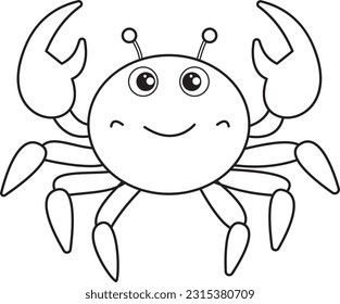 Simple vector illustration of a crab coloring page for kids. Isolated crab on white background. The lines are bold, and uniform in thickness. Very minimalistic vector art. 