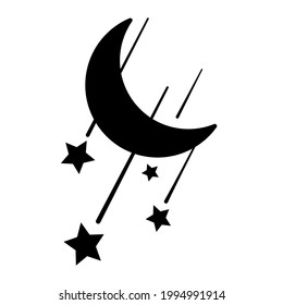 Simple vector illustration with crescent moon. Black silhouette of shooting stars. Stars fall near the moon.