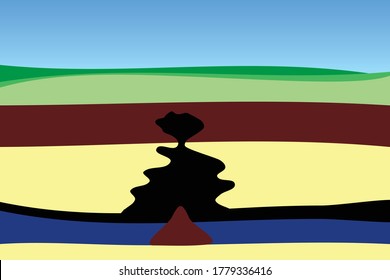 A simple vector illustration with a cross section of the earth showing the formation of a karst funnel and the destruction of the earth under the influence of soil erosion by groundwater