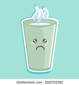 Simple vector illustration a cup of hot milk with a cute expression. Cute character. Sad face. Hot drink. Healthy life. Healthy drink. Full of nutrition and calcium.