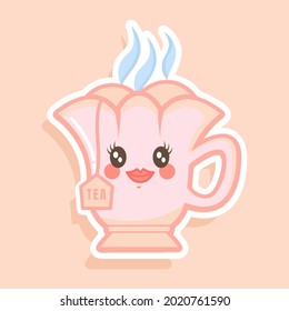 Simple vector illustration a cup of hot tea with a tea bag. Cute character. Beautiful face. Hot drink. Healthy life. Green Tea.