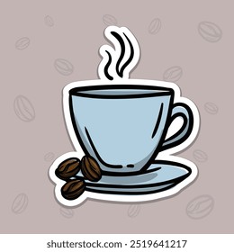 Ilustración vectorial simple de una taza de café caliente y granos de café. Ilustración dibujada a mano para pegatina, emblema, etiqueta, etiqueta de Precio. Icono casual coloreado para el diseño de una cafetería, restaurante