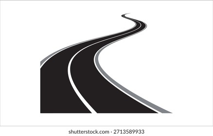 Una simple Ilustración vectorial de un camino negro curvo y sinuoso con marcas blancas de carril, sobre un fondo blanco puro. Representa el viaje, la dirección o un viaje por delante.