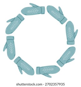 Simple vector illustration of cute blue knitted mittens arranged in a circular frame. Winter holiday design, Christmas decoration, isolated on white background, perfect for greeting cards and prints