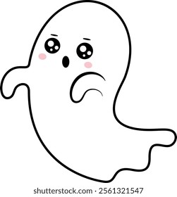 Simple vector illustration of a cute cartoon ghost with big eyes and pink cheeks showing concern and sadness, perfect for halloween projects or children illustrations