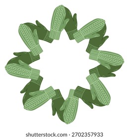 Simple vector illustration of cute green knitted mittens arranged in a circular frame. Winter holiday design, Christmas decoration, isolated on white background, perfect for greeting cards and prints