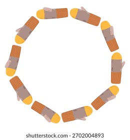 Simple vector illustration of cute knitted mittens arranged in a circular frame. Winter holiday design, Christmas decoration, isolated on white background, perfect for greeting cards and prints