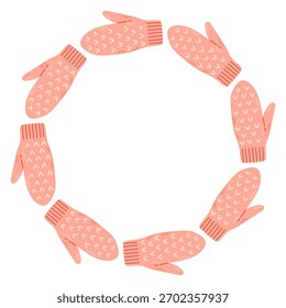 Simple vector illustration of cute pink knitted mittens arranged in a circular frame. Winter holiday design, Christmas decoration, isolated on white background, perfect for greeting cards and prints