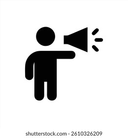 A simple vector illustration depicts a figure standing and speaking into a megaphone, conveying a message or announcement. The design emphasizes communication and information sharing.