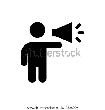 A simple vector illustration depicts a figure standing and speaking into a megaphone, conveying a message or announcement. The design emphasizes communication and information sharing.