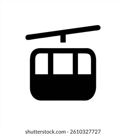 A simple vector illustration depicts a gondola cable car hanging from a cable, moving over a mountainous landscape, symbolizing adventure and travel in nature.
