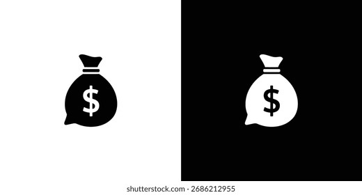 Eine einfache Vektorgrafik zeigt ein Geldsacksymbol mit einem Dollarzeichen auf weißem und schwarzem Hintergrund, das den finanziellen Wohlstand darstellt. Seine Einfachheit macht es visuell deutlich.