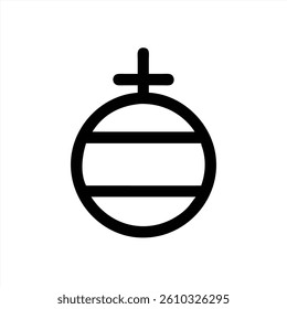A simple vector illustration depicts a round ornament with horizontal stripes and a cross on top, suitable for winter decorations. The minimalist design captures a festive spirit.