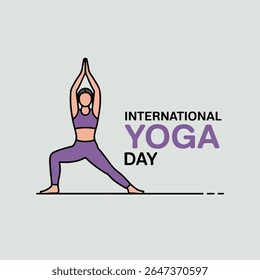 A simple vector illustration depicts a woman in a purple yoga outfit performing the Warrior 