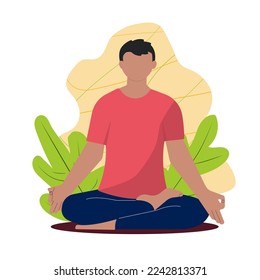 Simple vector illustration for design of cards, bags, mugs. A man sits in a lotus position and meditates.