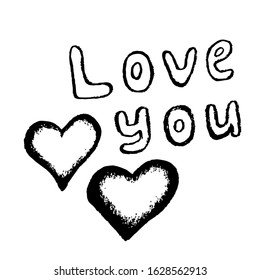 Simple vector illustration for design of the holiday of all lovers, Valentine's Day, February 14th. Hand lettering love you, hearts in black outline on a white background. For prints, stickers, cards.