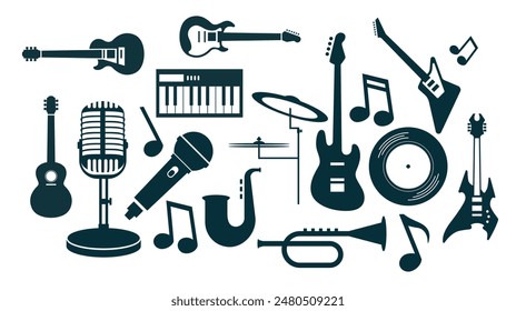 Diseño de Ilustración vectorial simple de instrumentos musicales, siluetas de instrumentos musicales. Elementos de instrumentos musicales para diseños con conceptos de entretenimiento, festivales de música