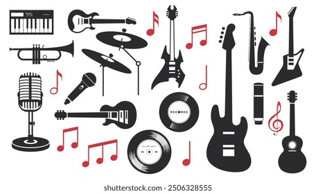 Diseño de Ilustración vectorial simple de instrumentos musicales, siluetas de instrumentos musicales. Elementos de instrumentos musicales para diseños con conceptos de entretenimiento, festivales de música