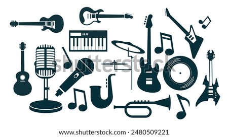 Simple vector illustration design of musical instruments, musical instrument silhouettes. Musical instrument elements for designs with entertainment concepts, music festivals