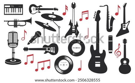 Simple vector illustration design of musical instruments, musical instrument silhouettes. Musical instrument elements for designs with entertainment concepts, music festivals