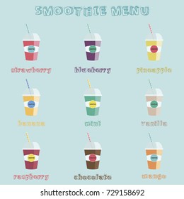 Simple vector illustration of different flavors of take-away fruit smoothies in cup.