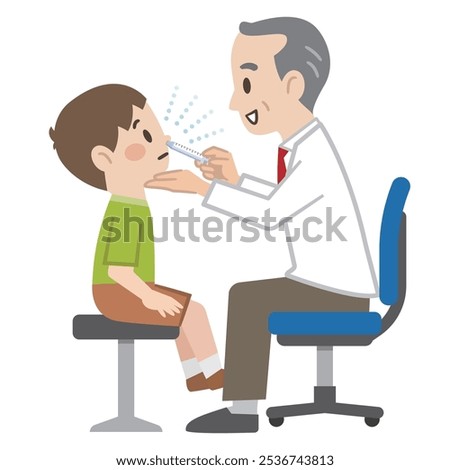 Simple vector illustration of a doctor administering a nasal vaccine to a boy