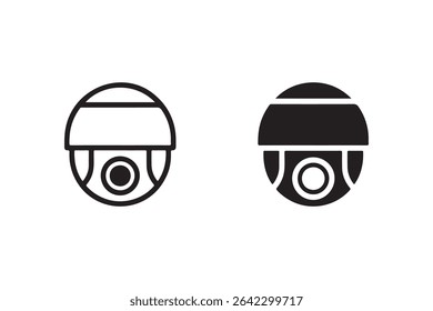 Simple vector illustration of a dome security camera, shown in both line art and solid black, isolated on a white background. Perfect for security system websites and apps.