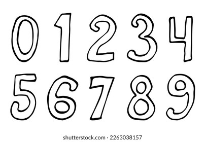 Simple vector illustration in doodle style. A set of numbers with a black outline.
