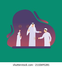 Simple Vector illustration drawing of An Arabic family enjoying the sparkle of the festivity during the festival celebration. playing fireworks with family concept. Modern design vector illustration