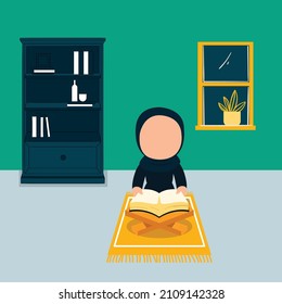 Eine einfache Vektorgrafik des indonesischen muslimischen Kindes liest den Koran. Der Koran ist als Leitbuch für alle Muslime angegeben und es ist eine Richtung, auf dem Himmel Gottes zu sein.