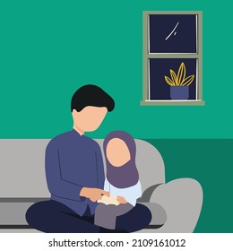 Simple Vector illustration drawing of Asian Muslim father reading Quran with his daughter with a happy smile together. Muslim parenting concept. father and daughter. Modern design vector illustration