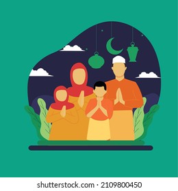 Simple Vector illustration drawing of Asian Muslim family with two children posing together to say Eid Al-Fitr while apologizing to all. Happy with family on Eid Al-Fitr. Modern design vector