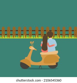 Simple Vector illustration drawing back view riders couple trip travel relax  Romantic honeymoon moments and hugging  Man and woman riding scooter motorcycle  Modern design vector illustration