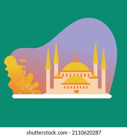 Simple Vector illustration drawing of a beautiful big mosque with 4 pillars and two domes. explore the mosque concept. Modern design vector illustration
