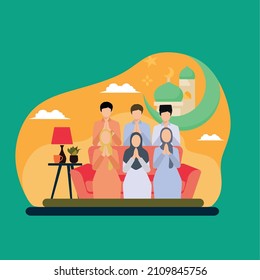 Simple Vector illustration drawing of big Muslim family gathered together posing both hands raised apologizing to take a family photo. Modern design vector illustration
