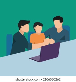 Ilustración simple de vectores de la presentación del líder del equipo de negocios con el portátil para explicar los procesos y objetivos del negocio. Concepto de Good Manager Ilustración vectorial de diseño moderno