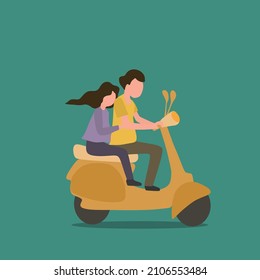 Simple Vector illustration drawing the couple riding motorcycle  Man driving scooter   woman are passenger while hugging  Driving around the city   Modern design vector illustration