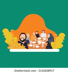 Simple Vector illustration drawing of Eid Mubarak Muslim family having Iftar dinner taking pictures with mobile phone while eating traditional food during Ramadan feasting month at home. Modern Design