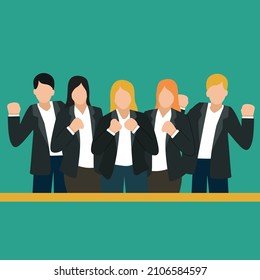 Simple Vector illustration drawing of a group of businessmen and businesswomen line up celebrates their successful project while fisting hands. Business teamwork concept. Modern design vector
