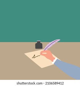Simple Vector illustration drawing of handwriting gesture with ink and quill pen on a whiteboard. Write a book about life. Retro handwriting concept. Modern design vector illustration