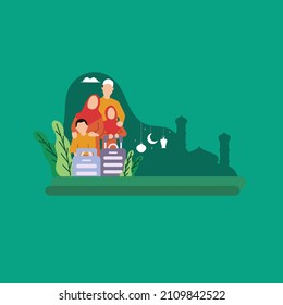Simple Vector illustration drawing of happy Muslim family, traveling on Eid al-Fitr to stay in touch with family, carrying 2 suitcases. Modern design vector illustration