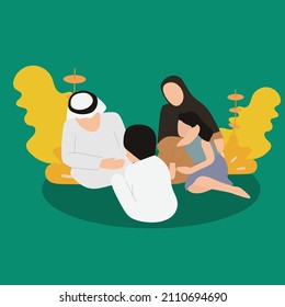 Simple Vector Illustration Drawing Of Happy Arabic Muslim Family, Chatting In The Living Room, Laughing Happily. Quality Time With The Family Concept. Modern Design Vector Illustration