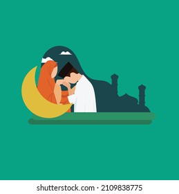 Simple Vector illustration drawing of Image of Muslim families forgive each other, sons to mother, father daughters. Back Fitri on Eid Mubarak. Happy Eid Al-Fitr. Modern design vector illustration